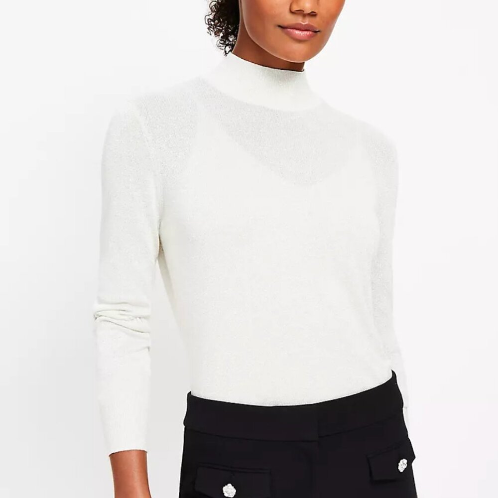 NEW NWT Loft Shimmer Sheer Mock Neck Sweater Color: Popcorn